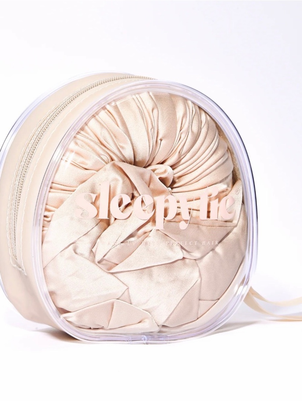 Sleepylicious Cream Satin Hair Bonnet with Clear Travel Case